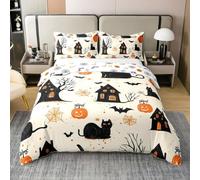 Homemissing Happy Halloween Bedding Set Single Size Black Cat Comforter Cover for Kids Pumpkin Bat Spider Cobweb Spooky Castle Duvet Cover 100% Cotton Room Decor With 1 Pillow Case Soft 2Pcs