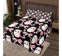 Homemissing Happy Halloween Bedspread Quilts Pink Bowknot Coverlet Set Single Size for Kids Boys Girls Cute Ghost Quilted Coverlet for All Season With 1 Pillowcase Kawaii Microfiber