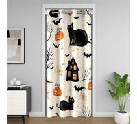 Homemissing Happy Halloween Closet Cover 86x203cm Black Cat Room Divider Curtain Cover for Kids Adults Pumpkin Bat Spider Cobweb Spooky Castle Door Curtain for Doorway Privacy 30%-50% Blackout Shades