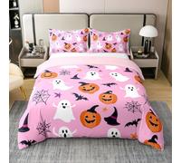 Homemissing Happy Halloween Comforter Cover Super King Size Cute Ghost Bedding Set for Boys Girls Children Pumpkin Lantern Bat Cobweb Magic Hat Horror Pink Duvet Cover 100% Cotton Soft 3Pcs