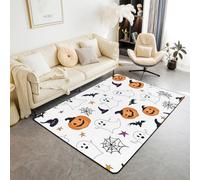 Homemissing Happy Halloween Decor Carpet 150x200cm Cute Ghost Living Room Rugs for Bedroom for Children Pumpkin Lantern Bat Cobweb Magic Hat Horror Orange Area Rug Room Decor Indoor Floor Mat