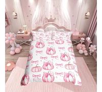 Homemissing Happy Halloween Duvet Cover Pink Pumpkin Bedding Set for Kids Boys Girls Teens Room Decor Cute Bow Comforter Cover Double Size Zipper Breathable Soft Lightweight Microfiber