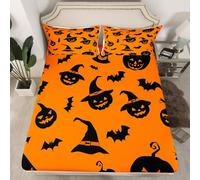 Homemissing Happy Halloween Fitted Sheet Double Pumpkin Bedding for Kids Fall Pumpkin Lantern Bat Cobweb Magic Hat Orange Bed Sheets Set 16" Deep Pocket Room Decor With 2 Pillow Case All Season 3Pcs