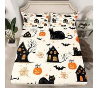 Homemissing Happy Halloween Fitted Sheet Single Black Cat Bedding for Kids Adults Pumpkin Bat Spider Cobweb Spooky Castle Bed Sheets Set 16" Deep Pocket Room Decor With 1 Pillow Case All Season 2Pcs