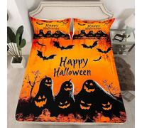 Homemissing Happy Halloween Fitted Sheet Single Kids Cute Ghost Bedding for Boys Girls Teens Gothic Vintage Halloween Bat Cobweb Orange Bed Sheets Set 16" Deep Pocket Breathable Soft Room Decor 2Pcs