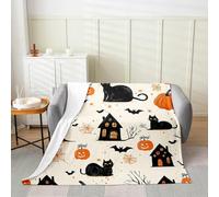 Homemissing Happy Halloween Flannel Blanket Plush Fuzzy Throw 40x50Inch Black Cat for Bed Couch Chair Living Room for Kids Teens Adults Pumpkin Bat Spider Cobweb Spooky Castle Fleece Throw Blanket