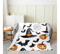 Homemissing Happy Halloween Fleece Throw Blanket Pumpkin Flannel Blanket Plush Fuzzy for Kids Boys Girls Teens Fall Pumpkin Lantern Bat Cobweb Magic Hat for Bed Chair Living Room Double 60x79Inch