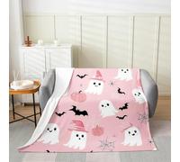 Homemissing Happy Halloween for Bed Couch Chair Living Room Baby 30x40Inch Cute Ghost Flannel Blanket Plush Fuzzy for Boys Girls Children Bat Cobweb Pumpkin Lantern Magic Hat Pink Fleece Throw Blanket