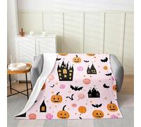Homemissing Happy Halloween for Bed Living Room Single 50x60Inch Spooky Castle Flannel Blanket Plush Fuzzy for Boys Girls Children Pumpkin Lantern Bat Candy Horror Theme Pink Fleece Throw Blanket