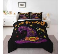 Homemissing Happy Halloween Kids Comforter Set Single Size Halloween Decor Bedding Set Witch Duvet Quilt for Kids Boys Girls Bedroom Purple Decor Microfiber Ultra Soft Breathable