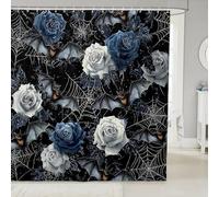 Homemissing Happy Halloween Shower Curtain for Bathroom Decor 180x180cm Kids Bats Flower Bath Curtain for Boys Girls Teens Ghost Cobweb Waterproof Polyester Fabric Soft Horror Blue Black Grey