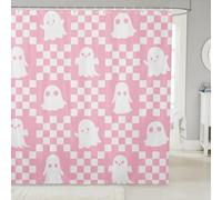 Homemissing Happy Halloween Shower Curtain for Bathroom Decor Kids 180x240cm Cute Checkered Ghost Bath Curtain for Boys Girls Teens Pink White Checkerboard Plaid Trick or Treat Bathroom Accessories