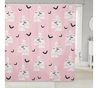Homemissing Happy Halloween Shower Curtain for Bathroom Decor Kids 180x240cm Cute Ghost Black Bat Animal Bath Curtain for Boys Girls Teens Pink Spooky Trick or Treat Bathroom Accessories