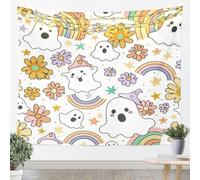 Homemissing Happy Halloween Tapestry Small Medium 51x59 Inch Groovy Flower Wall Hanging Blanket Cartoon Ghost Printed Wall Art for Living Room Bedroom Decoration Cute Rainbow Retro Floral Boho