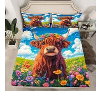 Homemissing Highland Cattle Fitted Sheet Single Size For Kids Boys Girls Highland Cattle Bedroom Decor Blue Sky Cloud Fitted Sheet with 1 Pillowcase Daisy Floral Print Bedding