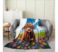 Homemissing Highland Cattle Flannel Fleece Throw Blanket Single 50x60Inch For Kids Boys Girls Highland Cattle Plush Sherpa Blanket Blue Sky Cloud Bedroom Decor Daisy Floral Print