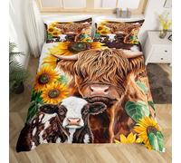 Homemissing Highland Cow Bedding Set King Size Sunflower Cartoon Animal Duvet Cover Milk Cow Western Decor Beds Farmhouse Cattle Bull Kawaii Bedding Set with 2 Pillow Covers