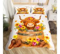 Homemissing Highland Cow Bedding Set Super King Size Cartoon Animal Duvet Cover Sunflower Western Decor Beds Zippered Farmhouse Cattle Bull Kawaii Bedding Set with 2 Pillow Covers