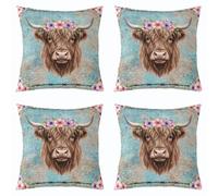 Homemissing Highland Cow Cushion Covers Set of 4 40x40cm Highland Cattle Throw Pillow Covers Floral Print Pillowcase Blue Wooden Cushion Case