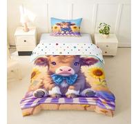 Homemissing Highland Cow Daisy Duvet Cover Junior/Cot Bed Highland Cattle Plaid Bedding Set Breathable Soft Wild Animal Comforter Cover 2Pcs Bedroom Decor Microfiber Zipper Closure