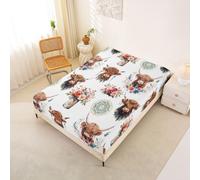 Homemissing Highland Cow Fitted Sheet 90x200cm Highland Cattle Bed Sheets Set 30cm Deep Pocket Western Decor Bedding Boho Mandala Botanical Floral Breathable Soft Lightweight