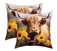 Homemissing Highland Cow Throw Pillow Covers Sunflower Decorative Throw Pillowcases 50x50cm Set of 2 Soft Highland Cattle Pillow Cases Cushion Covers Room Decorations Western Farmhouse Cushion Case