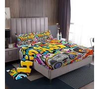 Homemissing Hippie Graffiti Style Bed Sheet Set King Size For Kids Boys Teens Hip Hop Decor Bedding Set Graffiti Graphic Sheet with Deep Pocket Fitted Sheet+2 Pillowcases Street Culture Sheet Set