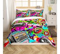 Homemissing Hippie Graffiti Style Duvet Cover Set Double Size For Kids Boys Teens Graffiti Graphic Bedding Set Street Culture Comforter Cover with 2 Pillowcases Hip Hop Music Bed Sets