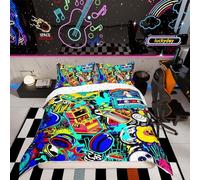 Homemissing Hippie Graffiti Style Duvet Cover Set Single Size For Kids Boys Teens Graffiti Graphic Bedding Set Hip Hop Music Comforter Cover with 1 Pillowcase Street Culture Bed Sets