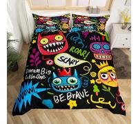 Homemissing Hippie Graffiti Style Duvet Cover Set Single Size For Kids Teens Graffiti Graphic Bedding Set Street Culture Duvet Cover with 1 Pillowcase Grunge Art Bedding