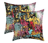 Homemissing Hippie Graffiti Style Throw Pillow Covers for Sofa Bed Set of 2 Hip Hop Decor Decorative Pillows Cushion Covers Graffiti Graphic Pillow Inserts 18"x18"