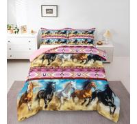 Homemissing Horse Bedding Set Single Size Galloping Horse Comforter Set for Kids Boys Girls Decor Southwestern Aztec Boho Rustic Wild Western Farm Pink Duvet Quilt Breathable Soft Bedroom Decor 3Pcs