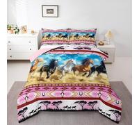 Homemissing Horse Comforter Set Double Size Kids Galloping Horse Duvet Quilt for Boys Girls Teens Southwestern Aztec Boho Wild Western Cowboy Rustic Farm Bedding Set Breathable Soft Room Decor 3Pcs