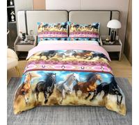 Homemissing Horse Duvet Cover 100% Cotton King Size Galloping Horse Bedding Set for Kids Decor Southwestern Aztec Boho Rustic Wild Western Farm Pink Comforter Cover Soft Bedroom Decor 3Pcs