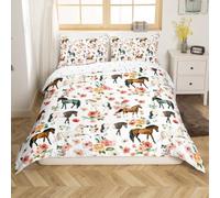 Homemissing Horse Duvet Cover Set Super King Size For Kids Girls Boys Teens Galloping Horse Bedding Set Cute Animal Decor Bedding Comforter Cover Set Floral Flower White Quilt Cover with 2 Pillowcase