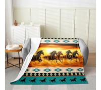 Homemissing Horse Fleece Throw Blanket Queen 90x90Inch Galloping Horse Flannel Blanket Plush Fuzzy for Kids Boys Decor Southwestern Aztec Rustic Wild Western Farm Green for Bed Couch Chair Living Room