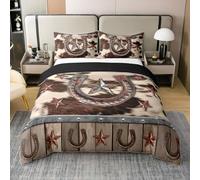 Homemissing Horseshoes Bedding Set Single Size Kids Western Aztec Comforter Cover for Boys Girls West Texas Star Cow Fur Printed Cowboy Rustic Farmhouse Duvet Cover 100% Cotton Soft 2Pcs