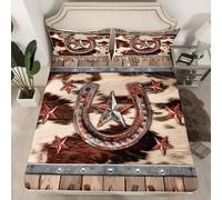 Homemissing Horseshoes Fitted Sheet Double Kids Western Aztec Bedding for Boys Girls Teens West Texas Star Cow Fur Printed Cowboy Rustic Farmhouse Bed Sheets Set 16" Deep Pocket Soft Room Decor 3Pcs