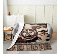 Homemissing Horseshoes Flannel Blanket Plush Fuzzy Double 60x79Inch Kids Western Aztec for Bed Chair Living Room for Boys West Texas Star Cow Fur Printed Cowboy Rustic Farmhouse Fleece Throw Blanket