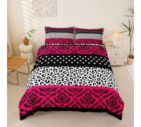 Homemissing Hot Pink Damask Pattern Duvet Cover Cot Size Leopard Cheetah Print Bedding Set for Boys Girls Polka Dots Patchwork Comforter Cover Bedroom Decor 2Pcs With 1 Pillowcase