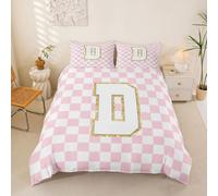 Homemissing Initial Letter D Duvet Cover Super King Size Girls Pink Plaid Bedding Set Breathable Soft Personalized Monogram Comforter Cover 3Pcs Buffalo Check Bedroom Decor Microfiber Zipper Closure