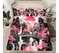 Homemissing Japanese Anime Kids Bed Sheets Set,Double Size,Japan Cherry Blossom Floral Mountain Sun Asian Oriental Fitted Sheet,Cool Watercolor Bedding Set,Abstract Ink Art Bed Cover Bedroom Decor