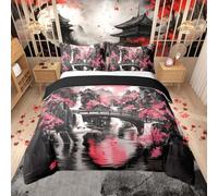 Homemissing Japanese Anime Kids Bedding Set,Boys Girls Single Size,Japan Cherry Blossom Floral Mountain Sun Asian Oriental Duvet Cover,Cool Watercolor Comforter Cover,Abstract Ink Art Bedroom Decor