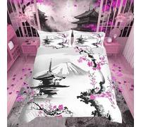 Homemissing Japanese Fuji Mountain Bedding Set Double Size Pink Cherry Blossom Chureito Pagoda Duvet Cover Set for Boys Girls Exotic Sakura Flower Decor Comforter Cover Set Watercolor 3Pcs