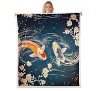 Homemissing Japanese koi carp Fleece Throw Blanket Double 60x79Inch Traditional Japanese Ukiyoe Plush Sherpa Blanket For Bed Sofa Coach Sakura Flower Bedroom Decor Anime