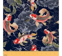 Homemissing Japanese Koi Fish Fabric by The Yard 3 Yards (L108 xW58) Flower Floral Decorative Waterproof Polyester Upholstery Fabric for Chairs, DIY Reupholstery, Deep Blue Red