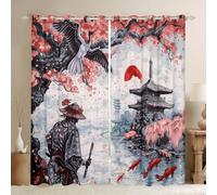 Homemissing Japanese Samurai Window Drapes Treatments Red Cherry Blossoms Curtains for Kids Boys Girls Japanese Crane Window Drapes Japan Ukiyoe Window Treatments, W46*L54,2 Panels,30%-50% Blackout