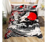 Homemissing Japanese-Style Bedding Set King Size Cherry Blossoms Duvet Cover Set Anime Crane Bedding for Boys Kids Bedroom Decor,Red Sunset Japan Wave Duvet Cover with 2 Pillowcases