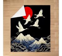 Homemissing Japanese Style Flannel Blanket Plush Fuzzy Baby 30x40Inch Black White Blue Mount Fuji Cozy Blanket Red Sun and Ocean Waves Print Fleece Throw Blanket Soft
