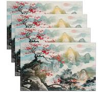 Homemissing Japanese Style Placemats Set of 4 Cherry Blossoms Placemat for Kitchen Dining Table 45X30cm Fuji Mountain Home Decor Table Place Mats Red Sun Ink Painting Down Indoor Outdoor Table Mats